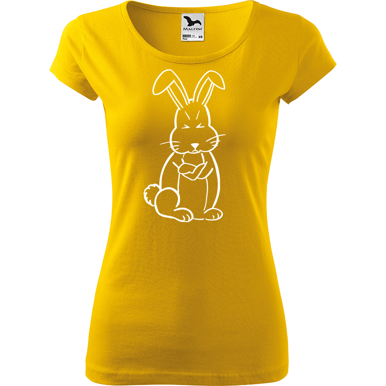 Ručně malované dámské triko Pure - Grumpy Rabbit Velikost trička: XL, Barva trička: ŽLUTÁ, Barva motivu: BÍLÁ