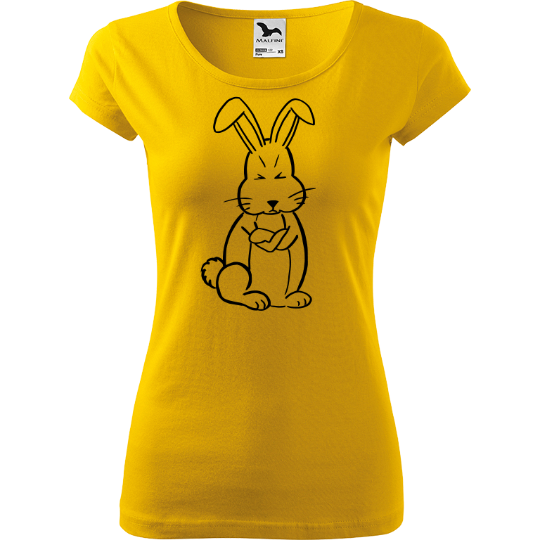 Ručně malované dámské triko Pure - Grumpy Rabbit Velikost trička: L, Barva trička: ŽLUTÁ, Barva motivu: ČERNÁ