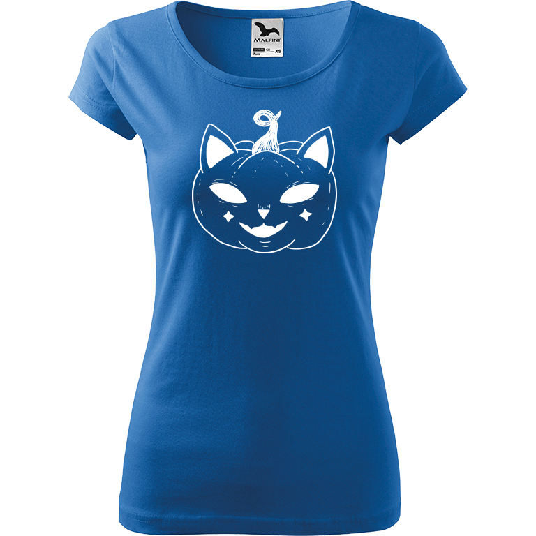 Ručně malované dámské triko Pure - Halloween kočka - Dýně Velikost trička: XS, Barva trička: AZUROVÁ, Barva motivu: BÍLÁ