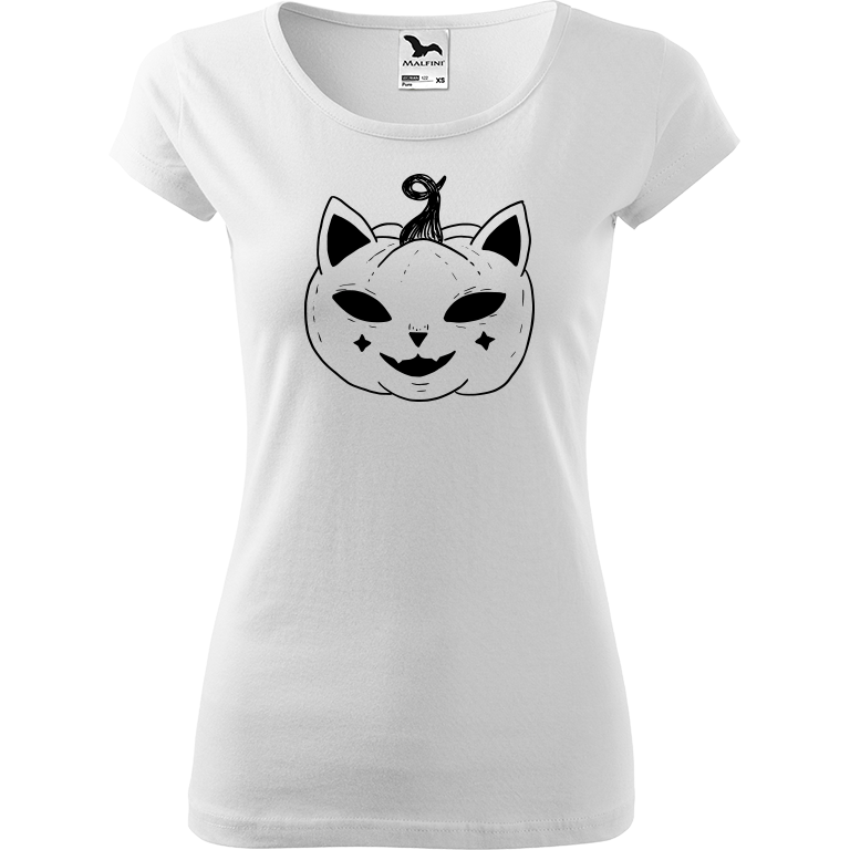 Ručně malované dámské triko Pure - Halloween kočka - Dýně Velikost trička: XS, Barva trička: BÍLÁ, Barva motivu: ČERNÁ