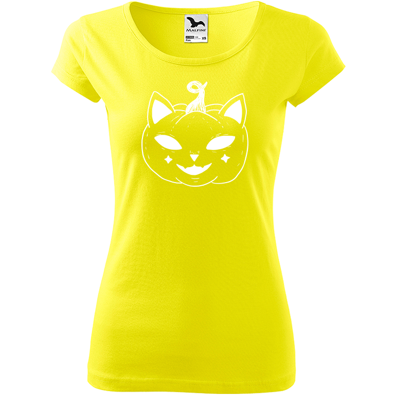 Ručně malované dámské triko Pure - Halloween kočka - Dýně Velikost trička: XS, Barva trička: CITRONOVÁ, Barva motivu: BÍLÁ