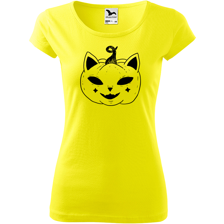 Ručně malované dámské triko Pure - Halloween kočka - Dýně Velikost trička: XS, Barva trička: CITRONOVÁ, Barva motivu: ČERNÁ