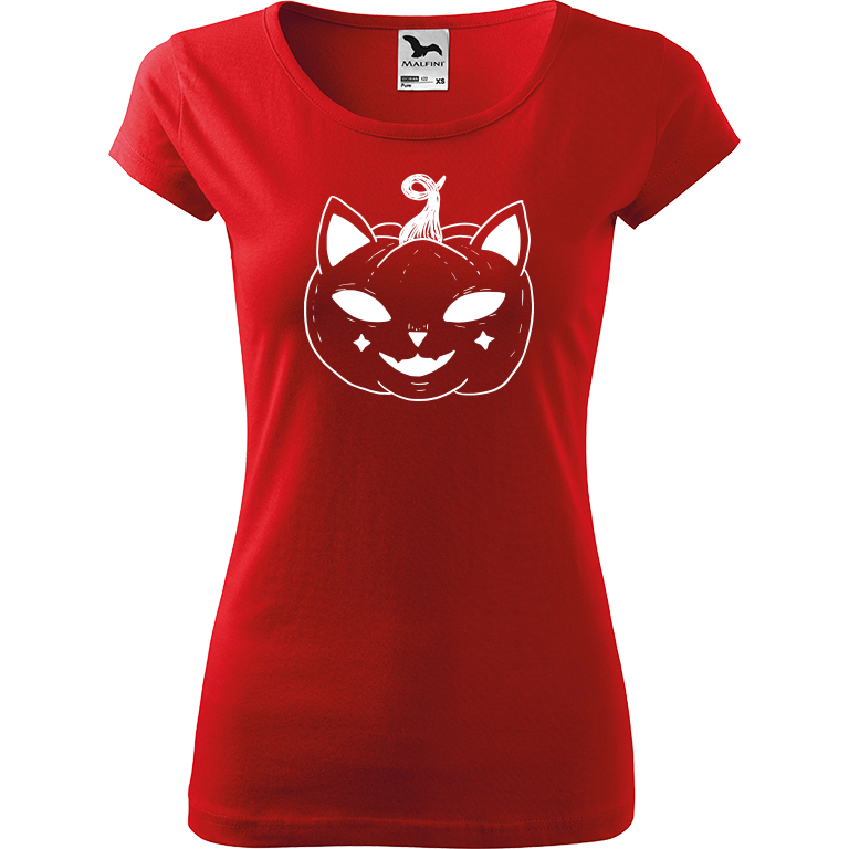 Ručně malované dámské triko Pure - Halloween kočka - Dýně Velikost trička: XS, Barva trička: ČERVENÁ, Barva motivu: BÍLÁ
