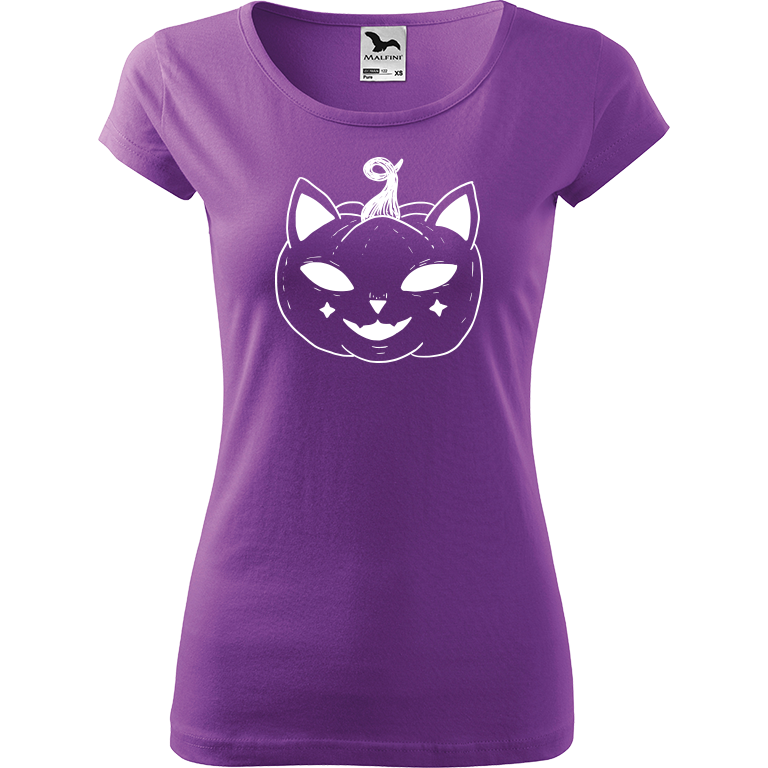 Ručně malované dámské triko Pure - Halloween kočka - Dýně Velikost trička: XL, Barva trička: FIALOVÁ, Barva motivu: BÍLÁ