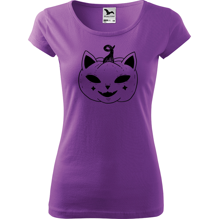 Ručně malované dámské triko Pure - Halloween kočka - Dýně Velikost trička: XS, Barva trička: FIALOVÁ, Barva motivu: ČERNÁ