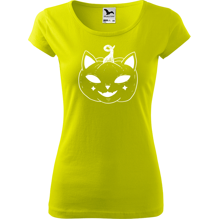 Ručně malované dámské triko Pure - Halloween kočka - Dýně Velikost trička: XS, Barva trička: LIMETKOVÁ, Barva motivu: BÍLÁ