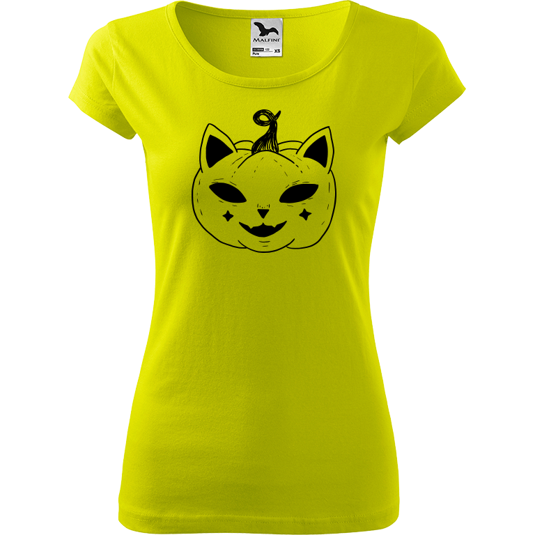 Ručně malované dámské triko Pure - Halloween kočka - Dýně Velikost trička: XS, Barva trička: LIMETKOVÁ, Barva motivu: ČERNÁ