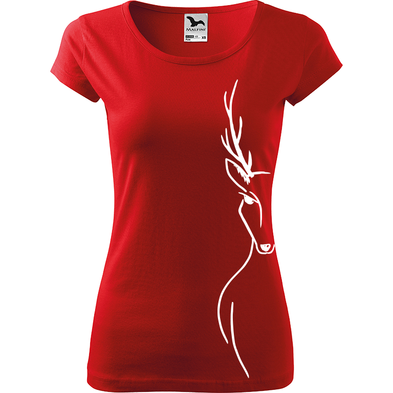 Ručně malované dámské triko Pure - Jelen - Na boku Velikost trička: XXL, Barva trička: ČERVENÁ, Barva motivu: BÍLÁ