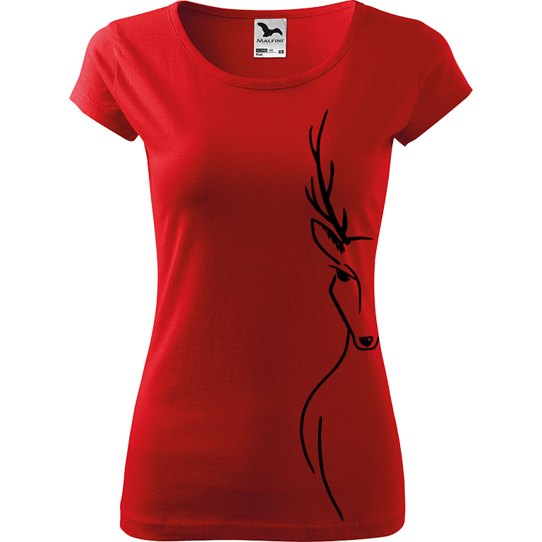 Ručně malované dámské triko Pure - Jelen - Na boku Velikost trička: XXL, Barva trička: ČERVENÁ, Barva motivu: ČERNÁ