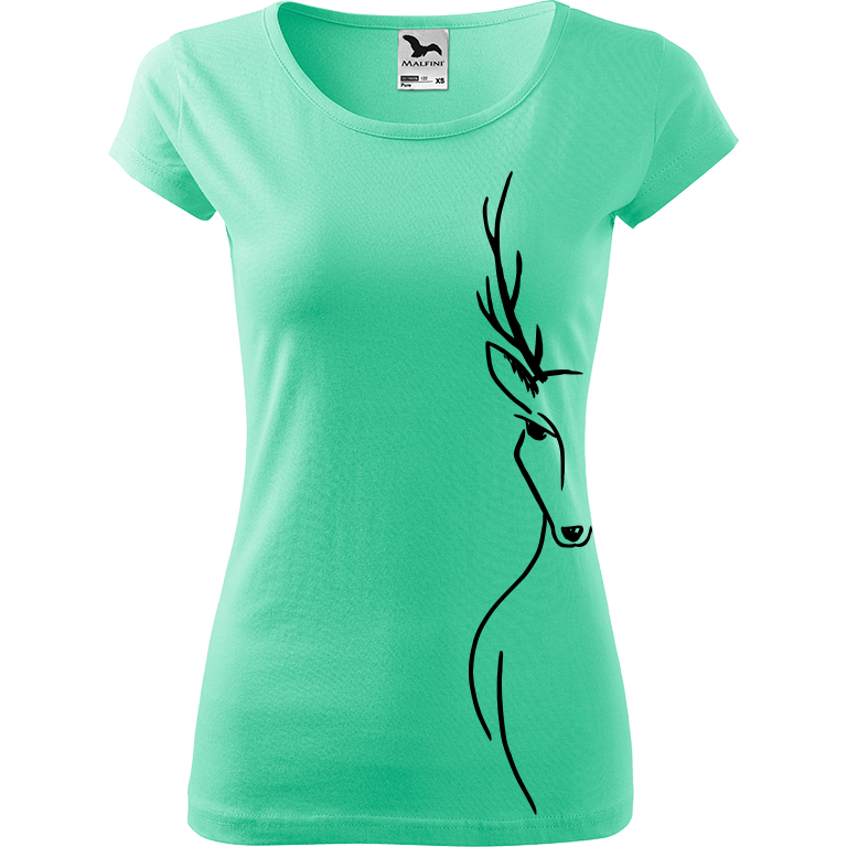 Ručně malované dámské triko Pure - Jelen - Na boku Velikost trička: XL, Barva trička: MÁTOVÁ, Barva motivu: ČERNÁ