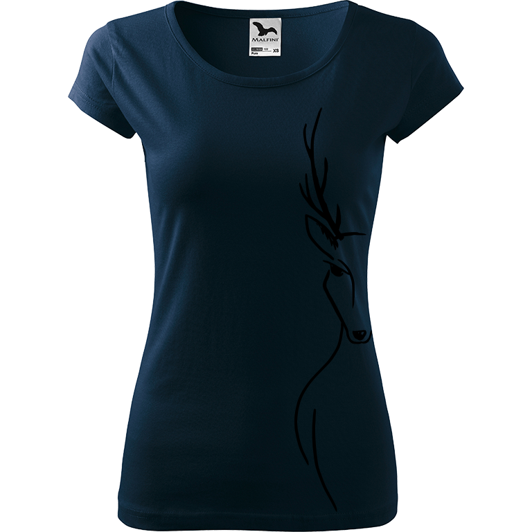 Ručně malované dámské triko Pure - Jelen - Na boku Velikost trička: XXL, Barva trička: NÁMOŘNICKÁ MODRÁ, Barva motivu: ČERNÁ