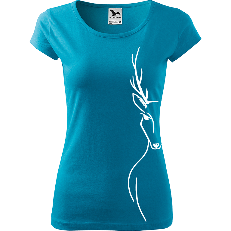 Ručně malované dámské triko Pure - Jelen - Na boku Velikost trička: XL, Barva trička: TYRKYSOVÁ, Barva motivu: BÍLÁ