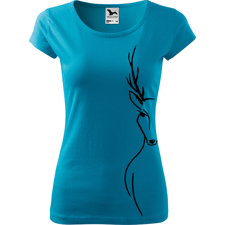 Ručně malované dámské triko Pure - Jelen - Na boku Velikost trička: XL, Barva trička: TYRKYSOVÁ, Barva motivu: ČERNÁ