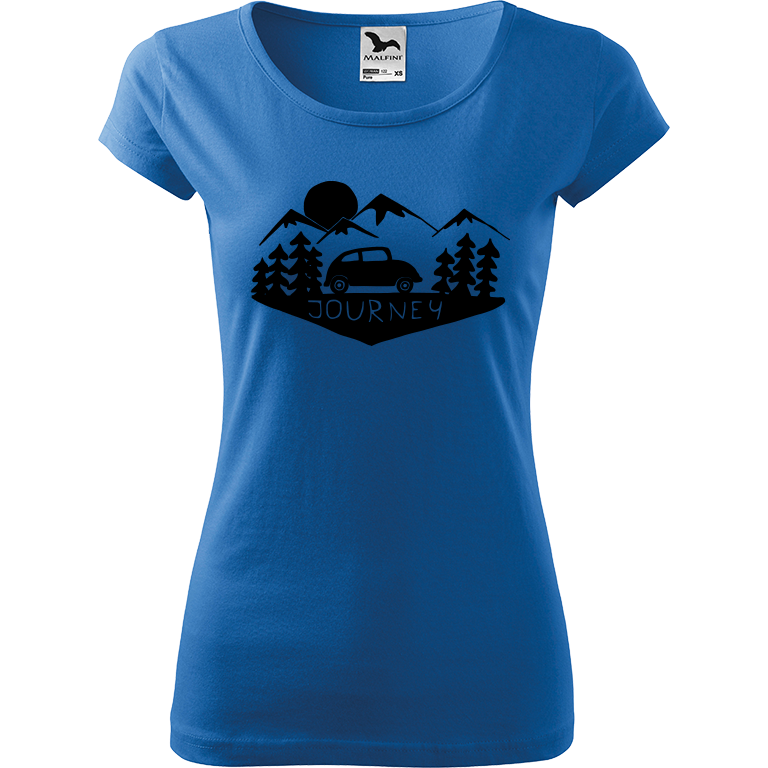 Ručně malované dámské triko Pure - Journey Velikost trička: XXL, Barva trička: AZUROVÁ, Barva motivu: ČERNÁ