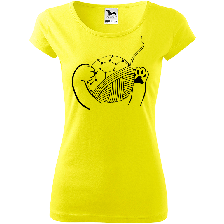 Ručně malované dámské triko Pure - Kočičí packy s Fullerenem Velikost trička: M, Barva trička: CITRONOVÁ, Barva motivu: ČERNÁ