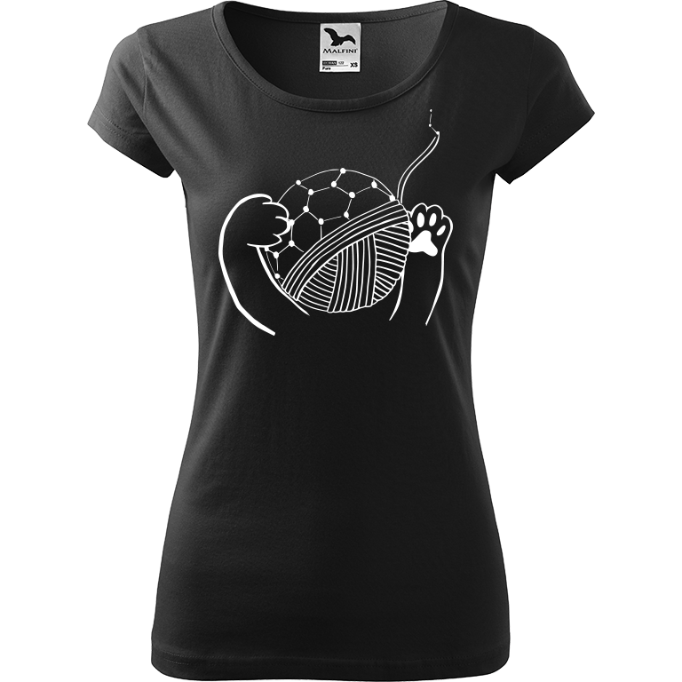 Ručně malované dámské triko Pure - Kočičí packy s Fullerenem Velikost trička: XS, Barva trička: ČERNÁ, Barva motivu: BÍLÁ