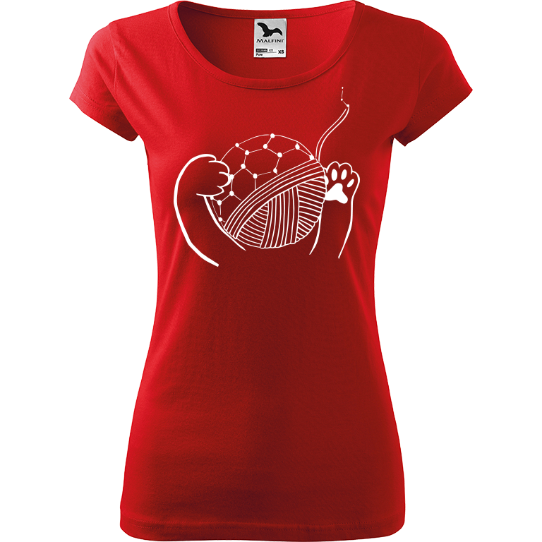 Ručně malované dámské triko Pure - Kočičí packy s Fullerenem Velikost trička: XXL, Barva trička: ČERVENÁ, Barva motivu: BÍLÁ