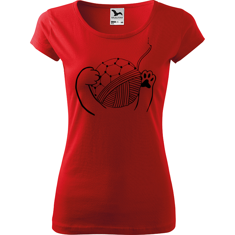 Ručně malované dámské triko Pure - Kočičí packy s Fullerenem Velikost trička: XXL, Barva trička: ČERVENÁ, Barva motivu: ČERNÁ