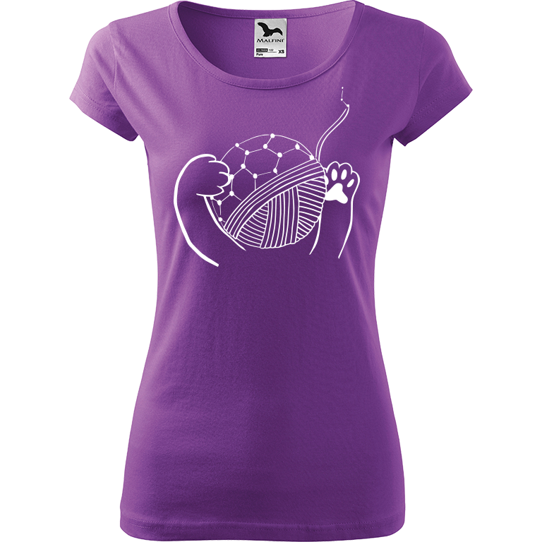 Ručně malované dámské triko Pure - Kočičí packy s Fullerenem Velikost trička: XL, Barva trička: FIALOVÁ, Barva motivu: BÍLÁ