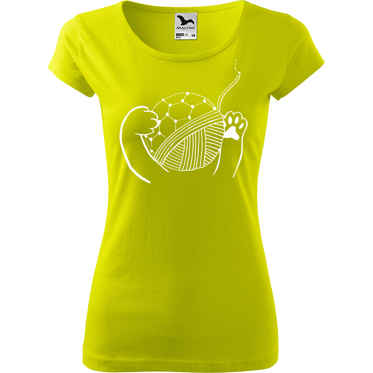 Ručně malované dámské triko Pure - Kočičí packy s Fullerenem Velikost trička: L, Barva trička: LIMETKOVÁ, Barva motivu: BÍLÁ