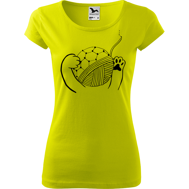 Ručně malované dámské triko Pure - Kočičí packy s Fullerenem Velikost trička: XXL, Barva trička: LIMETKOVÁ, Barva motivu: ČERNÁ