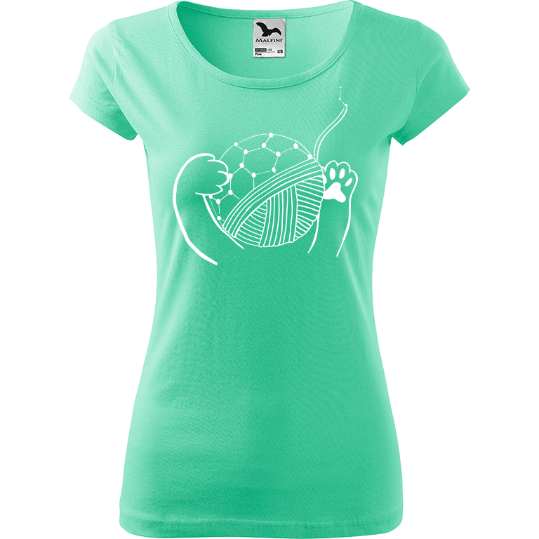 Ručně malované dámské triko Pure - Kočičí packy s Fullerenem Velikost trička: XL, Barva trička: MÁTOVÁ, Barva motivu: BÍLÁ