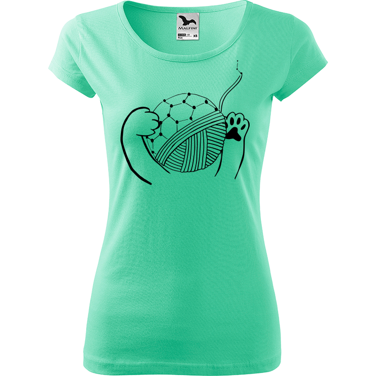 Ručně malované dámské triko Pure - Kočičí packy s Fullerenem Velikost trička: XS, Barva trička: MÁTOVÁ, Barva motivu: ČERNÁ
