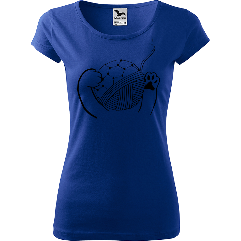 Ručně malované dámské triko Pure - Kočičí packy s Fullerenem Velikost trička: S, Barva trička: MODRÁ, Barva motivu: ČERNÁ