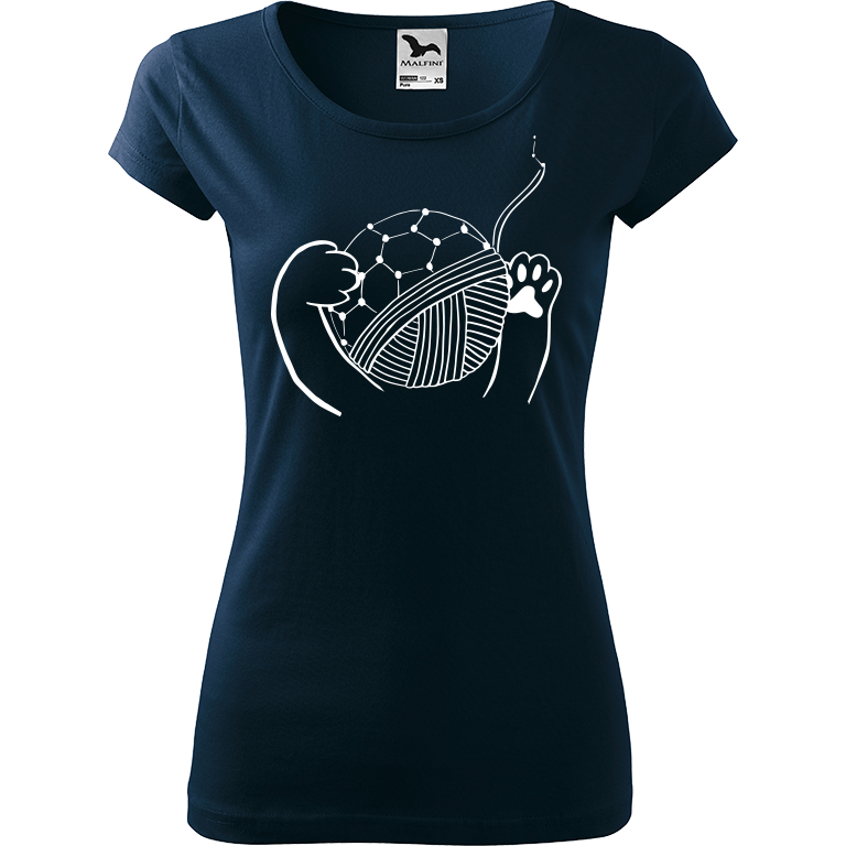Ručně malované dámské triko Pure - Kočičí packy s Fullerenem Velikost trička: XXL, Barva trička: NÁMOŘNICKÁ MODRÁ, Barva motivu: BÍLÁ