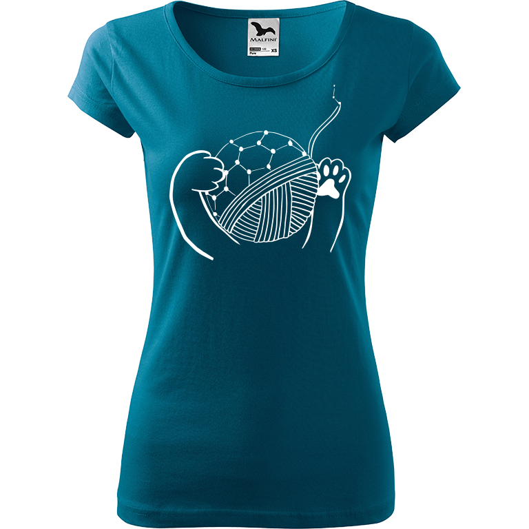 Ručně malované dámské triko Pure - Kočičí packy s Fullerenem Velikost trička: L, Barva trička: PETROLEJOVÁ, Barva motivu: BÍLÁ