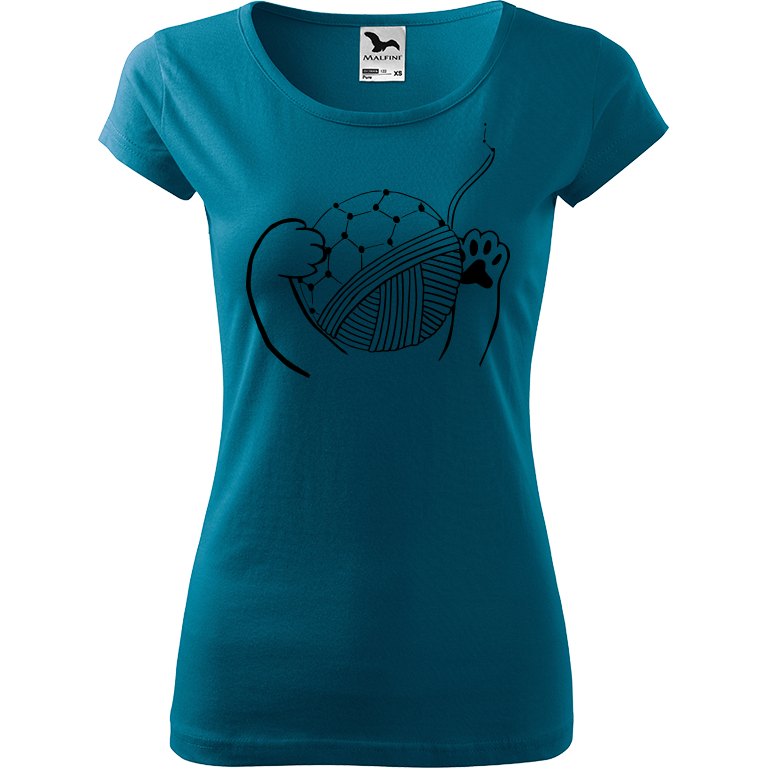Ručně malované dámské triko Pure - Kočičí packy s Fullerenem Velikost trička: L, Barva trička: PETROLEJOVÁ, Barva motivu: ČERNÁ