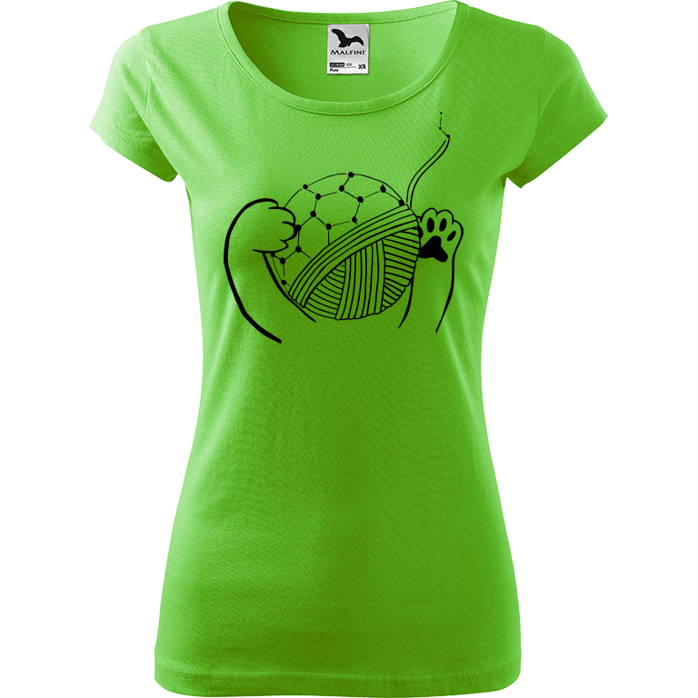Ručně malované dámské triko Pure - Kočičí packy s Fullerenem Velikost trička: XS, Barva trička: SVĚTLE ZELENÁ, Barva motivu: ČERNÁ