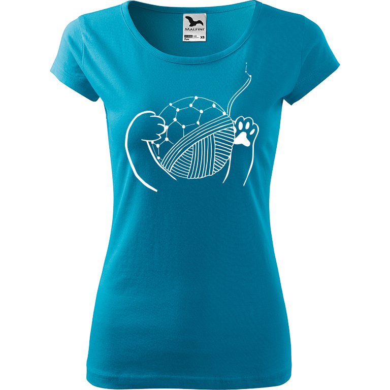 Ručně malované dámské triko Pure - Kočičí packy s Fullerenem Velikost trička: XL, Barva trička: TYRKYSOVÁ, Barva motivu: BÍLÁ