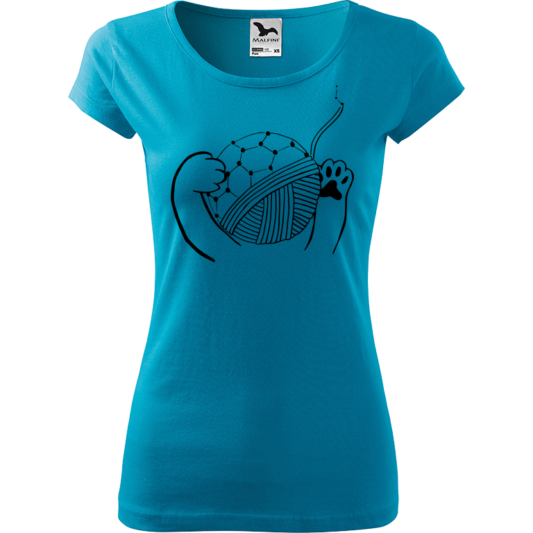 Ručně malované dámské triko Pure - Kočičí packy s Fullerenem Velikost trička: S, Barva trička: TYRKYSOVÁ, Barva motivu: ČERNÁ