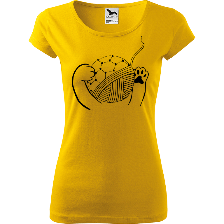 Ručně malované dámské triko Pure - Kočičí packy s Fullerenem Velikost trička: XL, Barva trička: ŽLUTÁ, Barva motivu: ČERNÁ