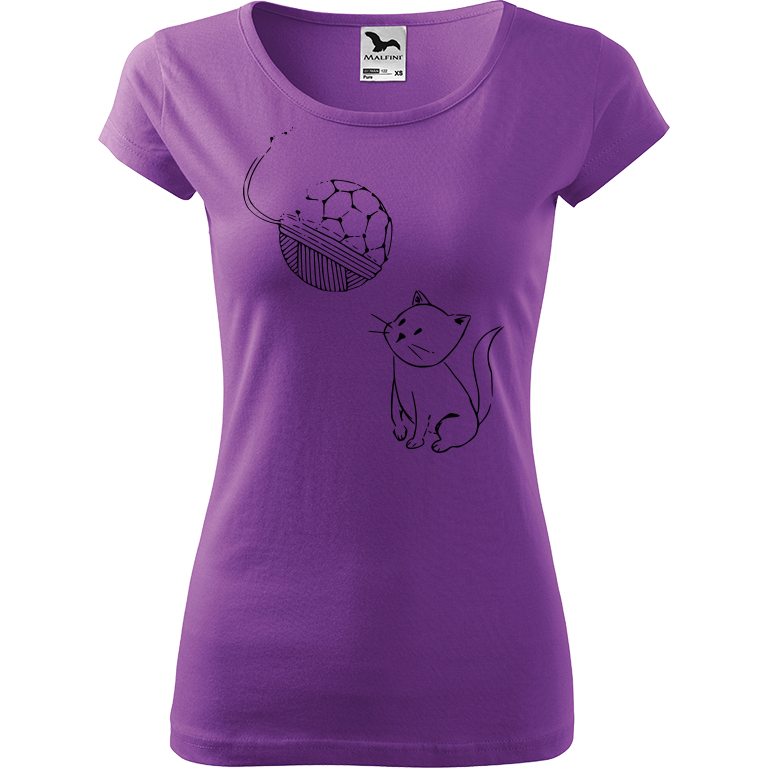 Ručně malované dámské triko Pure - Kotě s Fullerenem Velikost trička: XL, Barva trička: FIALOVÁ, Barva motivu: ČERNÁ