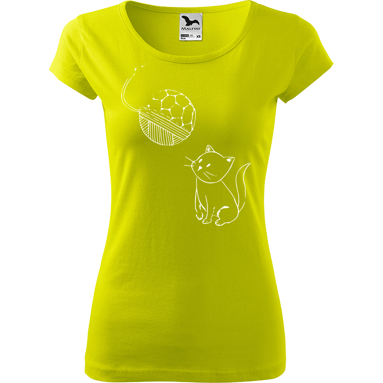 Ručně malované dámské triko Pure - Kotě s Fullerenem Velikost trička: L, Barva trička: LIMETKOVÁ, Barva motivu: BÍLÁ