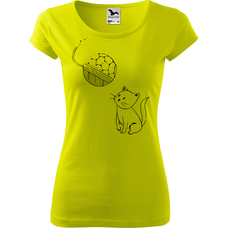 Ručně malované dámské triko Pure - Kotě s Fullerenem Velikost trička: L, Barva trička: LIMETKOVÁ, Barva motivu: ČERNÁ