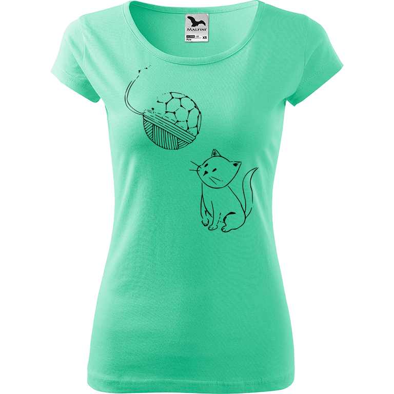 Ručně malované dámské triko Pure - Kotě s Fullerenem Velikost trička: XL, Barva trička: MÁTOVÁ, Barva motivu: ČERNÁ
