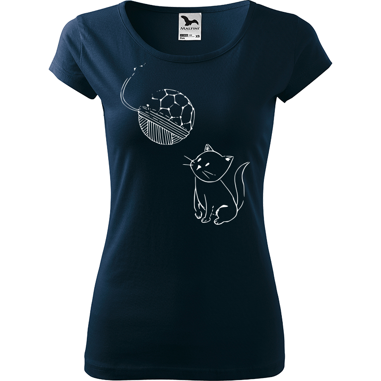 Ručně malované dámské triko Pure - Kotě s Fullerenem Velikost trička: XXL, Barva trička: NÁMOŘNICKÁ MODRÁ, Barva motivu: BÍLÁ
