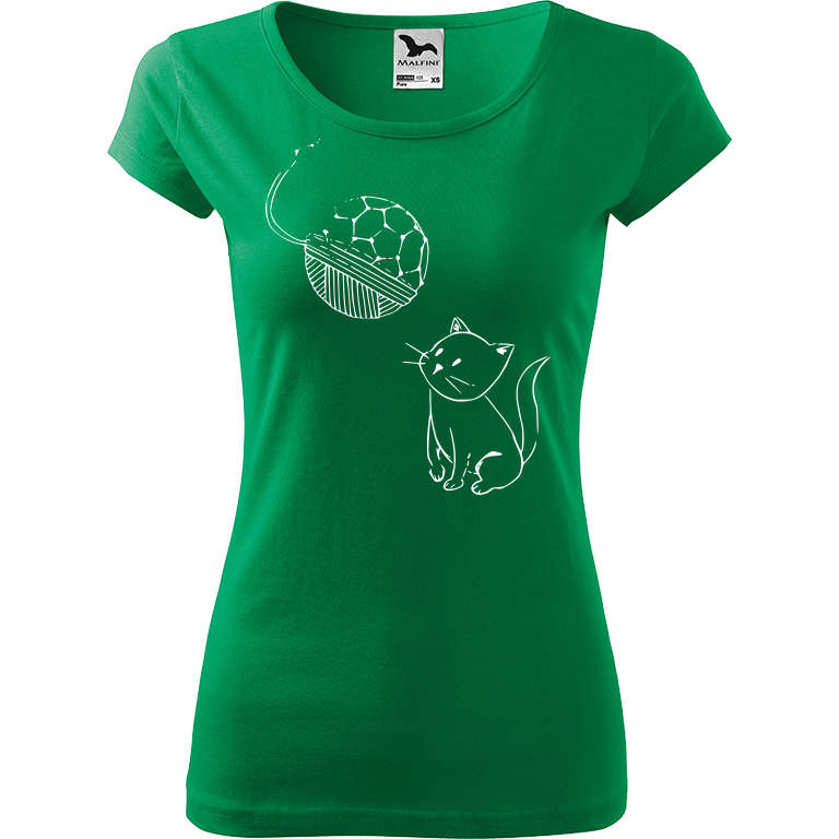 Ručně malované dámské triko Pure - Kotě s Fullerenem Velikost trička: XS, Barva trička: STŘEDNĚ ZELENÁ, Barva motivu: BÍLÁ
