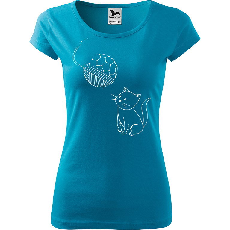 Ručně malované dámské triko Pure - Kotě s Fullerenem Velikost trička: XL, Barva trička: TYRKYSOVÁ, Barva motivu: BÍLÁ