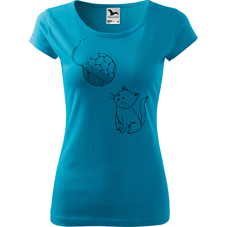 Ručně malované dámské triko Pure - Kotě s Fullerenem Velikost trička: XL, Barva trička: TYRKYSOVÁ, Barva motivu: ČERNÁ