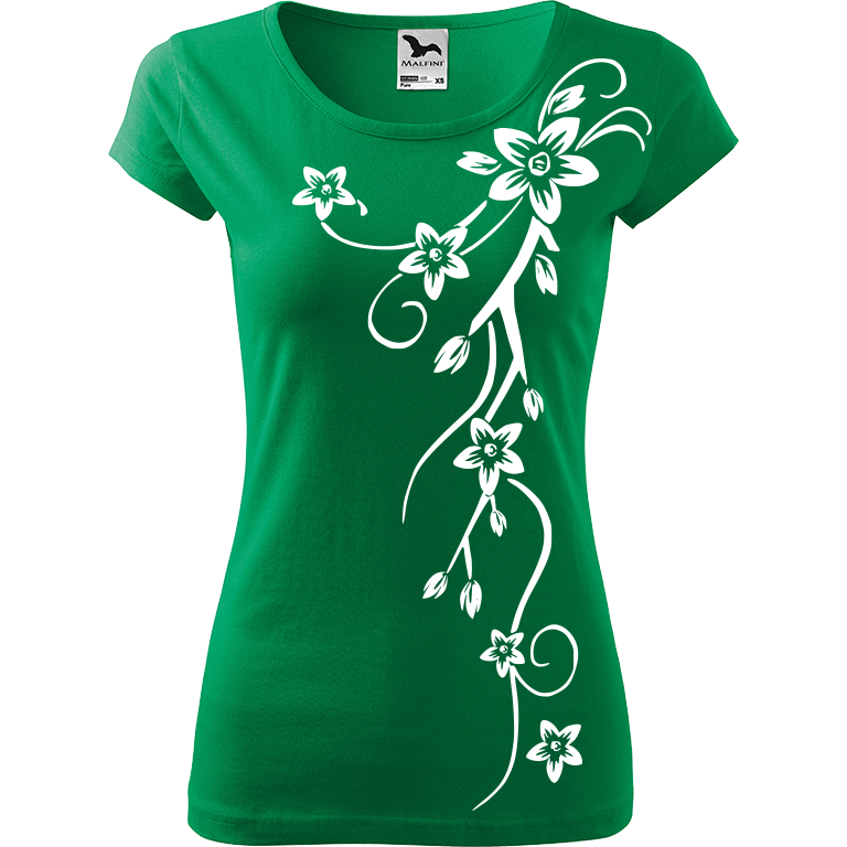 Ručně malované dámské triko Pure - Květiny Velikost trička: M, Barva trička: STŘEDNĚ ZELENÁ, Barva motivu: BÍLÁ