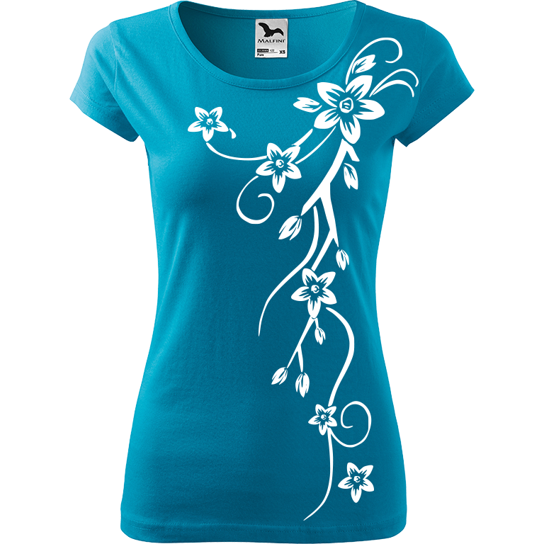 Ručně malované dámské triko Pure - Květiny Velikost trička: XL, Barva trička: TYRKYSOVÁ, Barva motivu: BÍLÁ