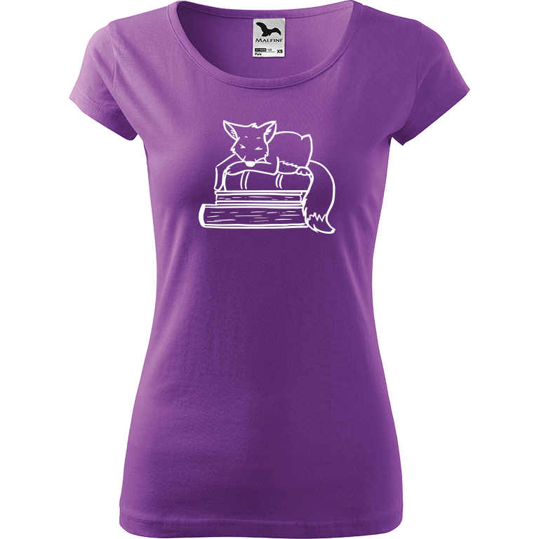 Ručně malované dámské triko Pure - Liška na knihách Velikost trička: XL, Barva trička: FIALOVÁ, Barva motivu: BÍLÁ