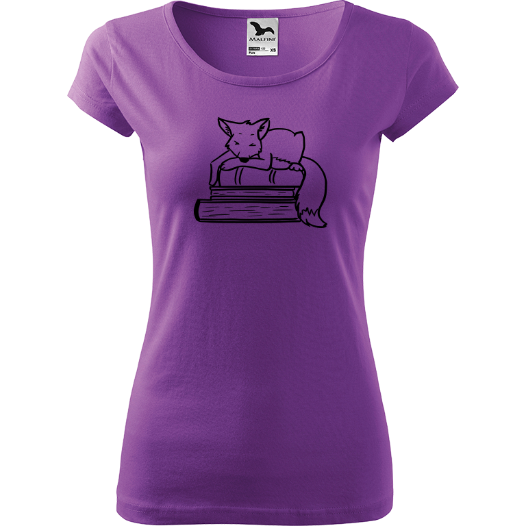 Ručně malované dámské triko Pure - Liška na knihách Velikost trička: XL, Barva trička: FIALOVÁ, Barva motivu: ČERNÁ