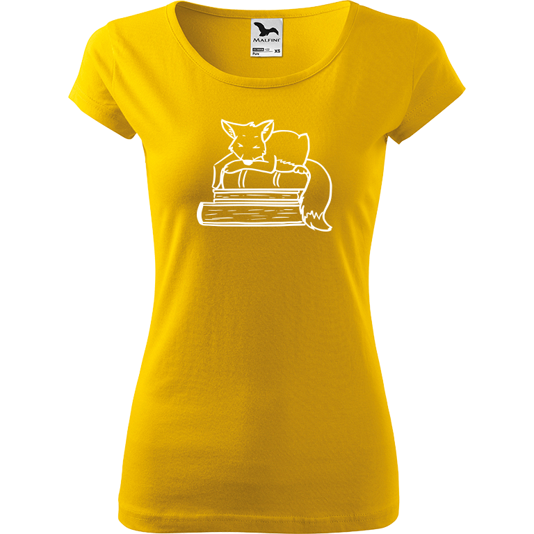 Ručně malované dámské triko Pure - Liška na knihách Velikost trička: XL, Barva trička: ŽLUTÁ, Barva motivu: BÍLÁ