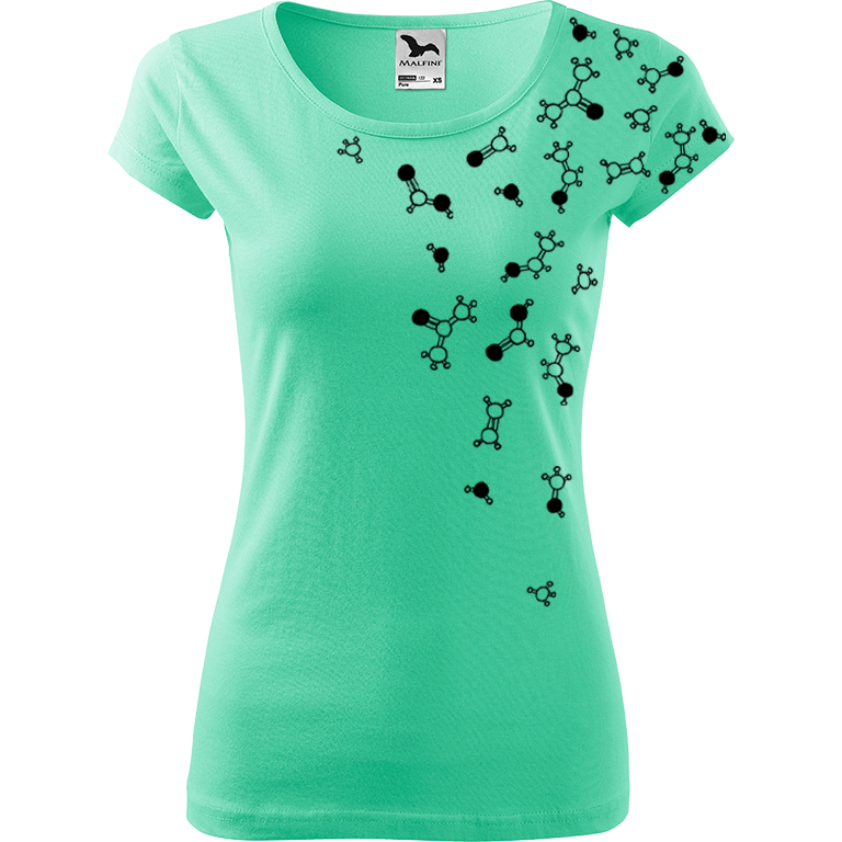 Ručně malované dámské triko Pure - Molekuly Velikost trička: L, Barva trička: MÁTOVÁ, Barva motivu: ČERNÁ