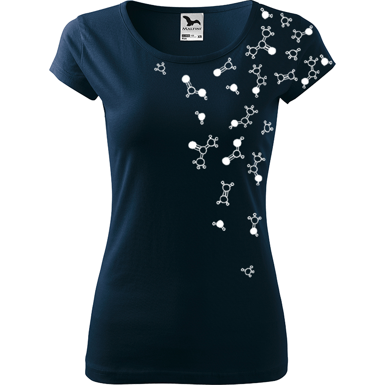 Ručně malované dámské triko Pure - Molekuly Velikost trička: XXL, Barva trička: NÁMOŘNICKÁ MODRÁ, Barva motivu: BÍLÁ